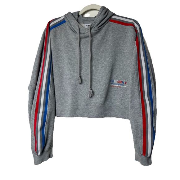NWOT Adidas Cropped Hoodie Sz L XL Striped Logo Athleisure - Picture 1 of 9